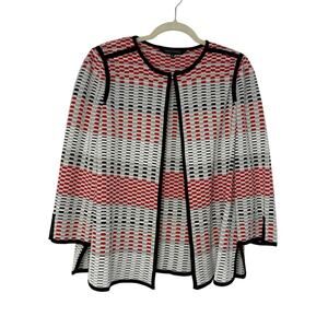 Ming Wang Open Front Knit Jacket Women Size M Red White Black Geometric Pattern